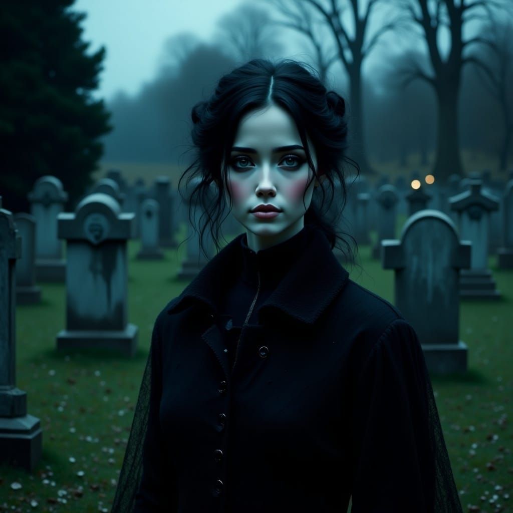 Gothic Woman in Graveyard Moonlight Photography