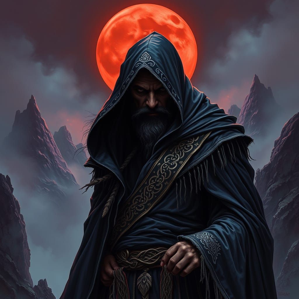 Ethereal Dark Fantasy Warlock Under Blood-Red Moon