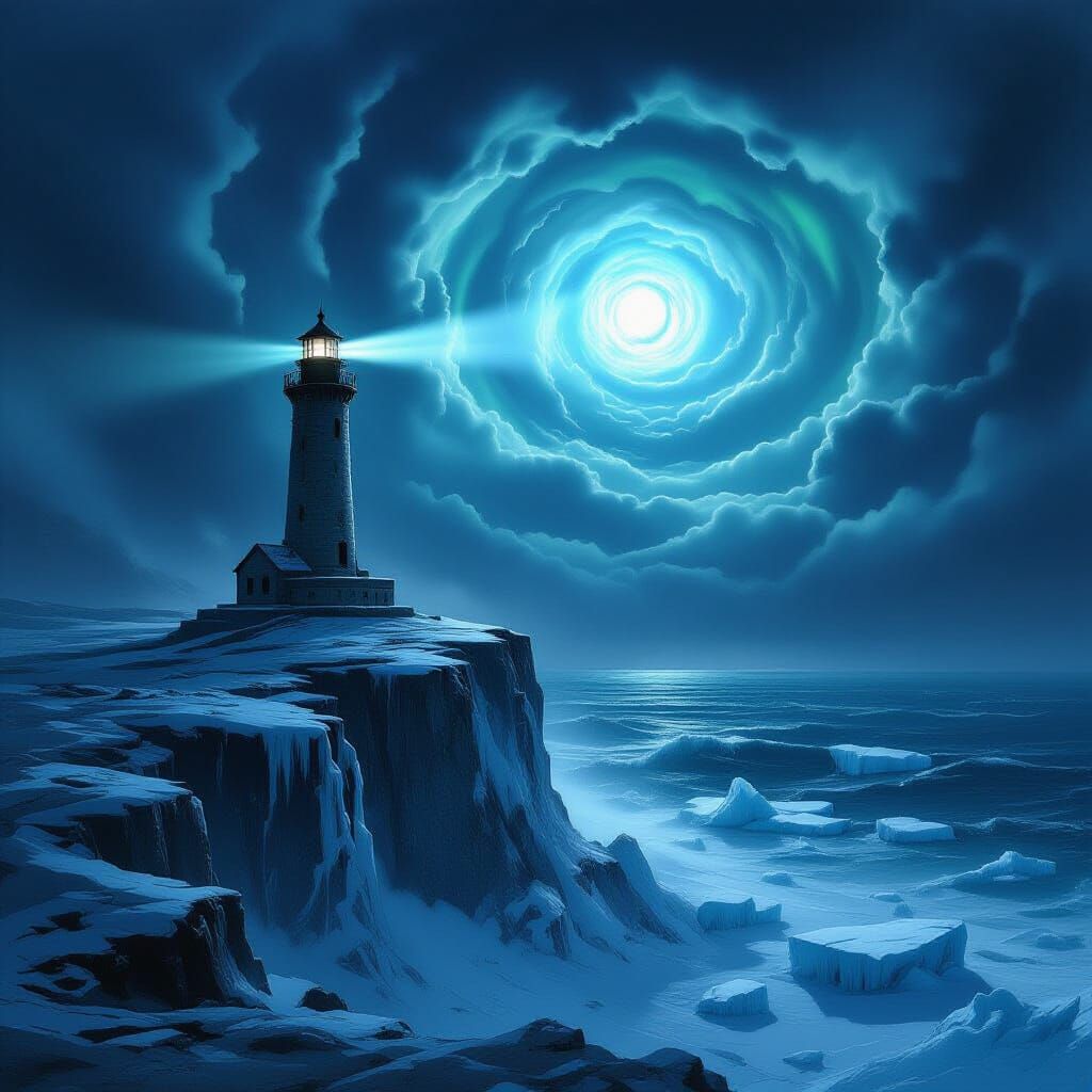 Ancient Lighthouse on Icy Cliff in Dark Fantasy Style