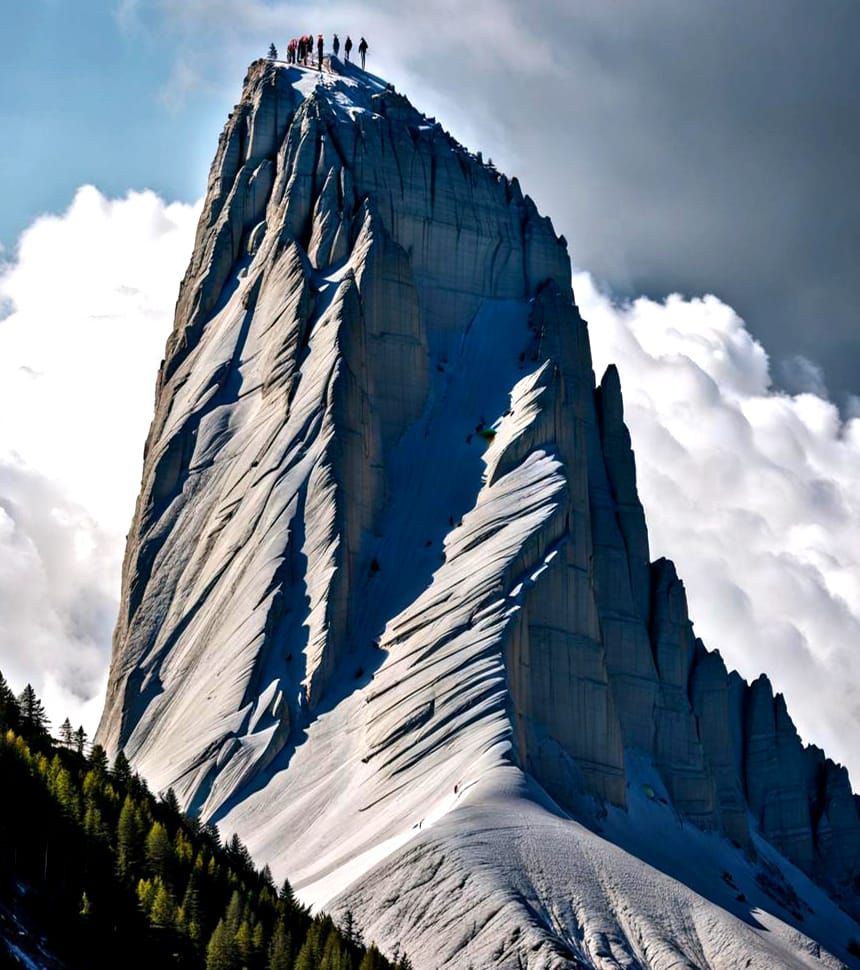 Mountain Climber Ascends Towering Stone Peak