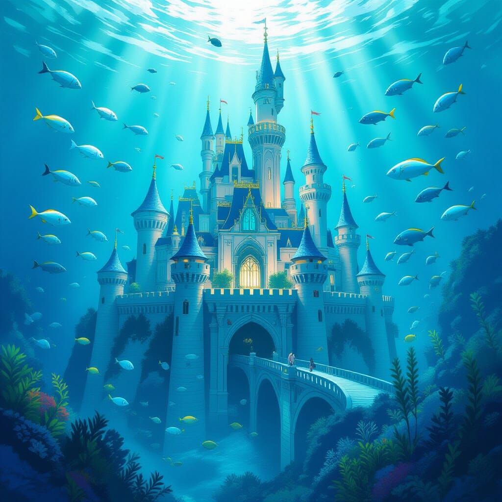 Majestic Underwater Castle with Vibrant Fish