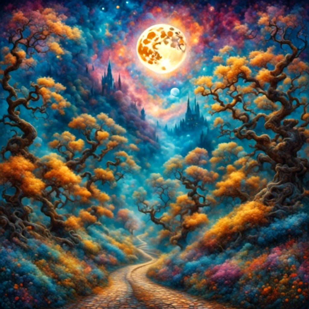 Mystical Spring Forest at Night in Astral Style