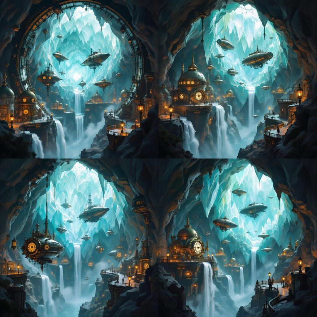 Steampunk Geode City with Airships