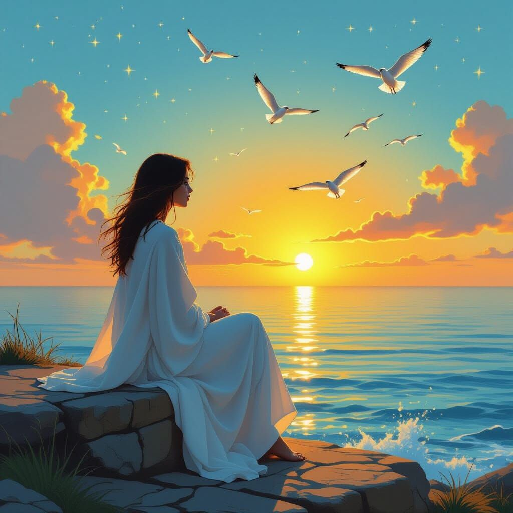 Dreamlike Dawn Scene with Woman and Seagulls