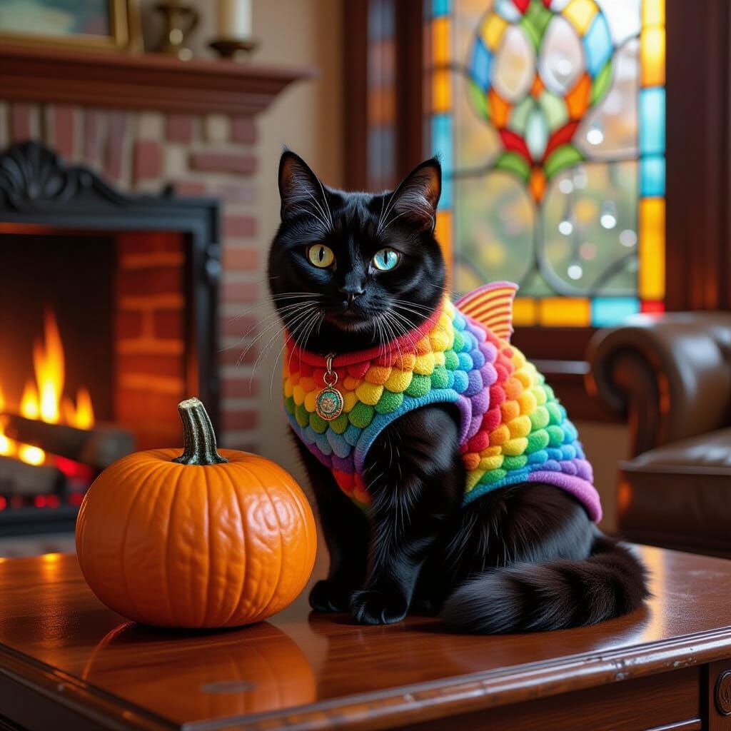 Black Cat in Trout Costume with Pumpkin by Fireplace