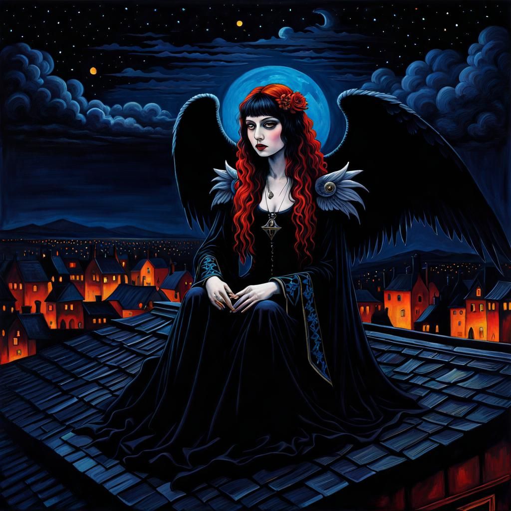 Gothic Figure on Rooftop in Surrealist Style