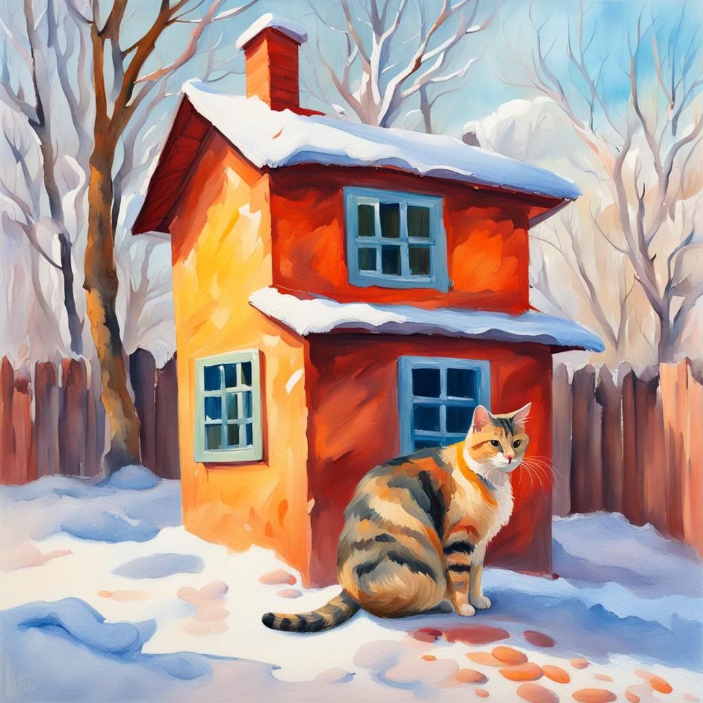 Winter Cat House in Gouache Watercolor Style