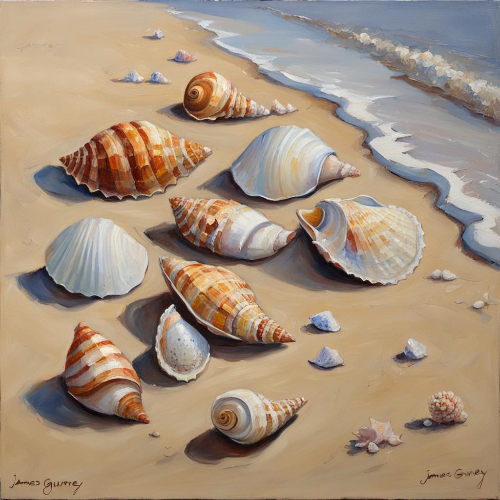 Seashells on Sandy Beach as Oil Painting