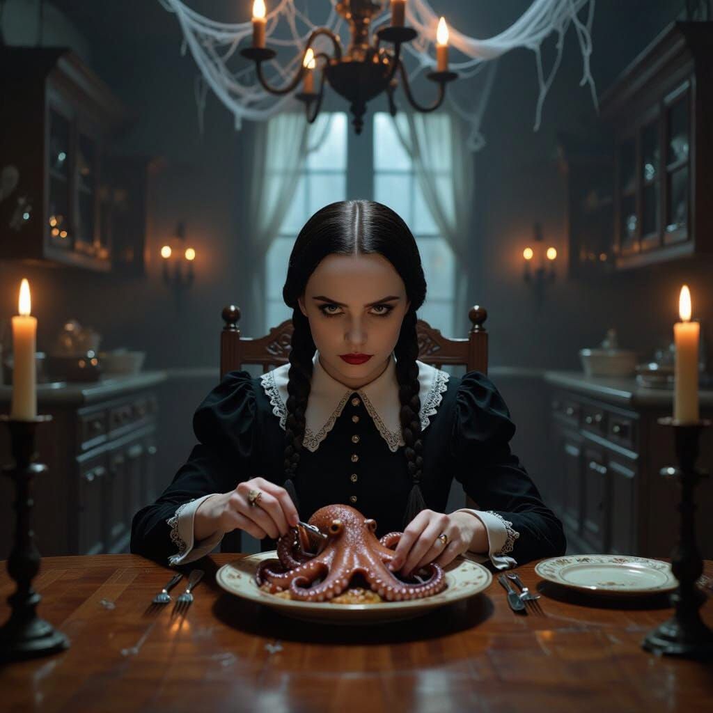 Wednesday Addams Eats Octopus in Haunted Kitchen