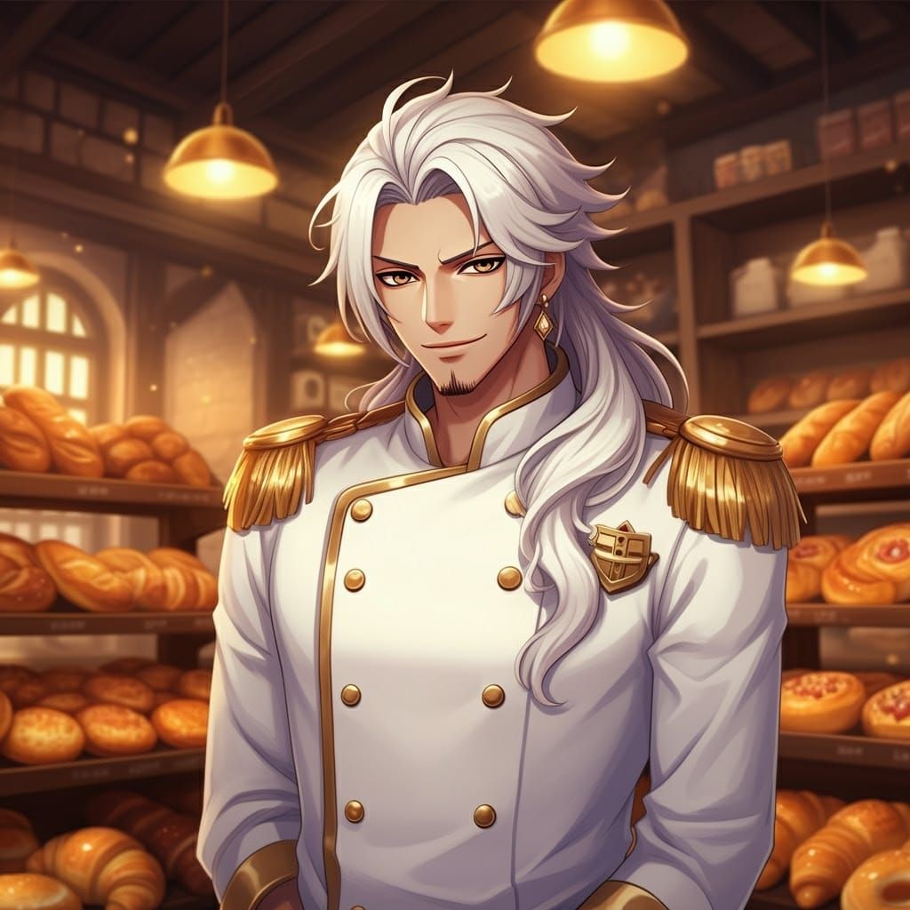 Majestic Baker in Crisp White Uniform with Golden Accents
