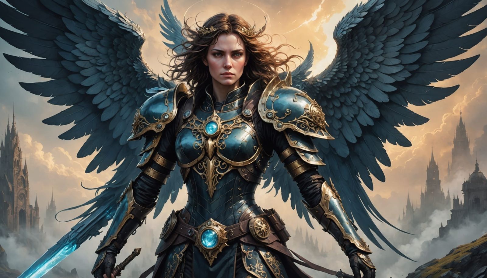 Majestic Angel in Steampunk Armor on Foggy Battlefield