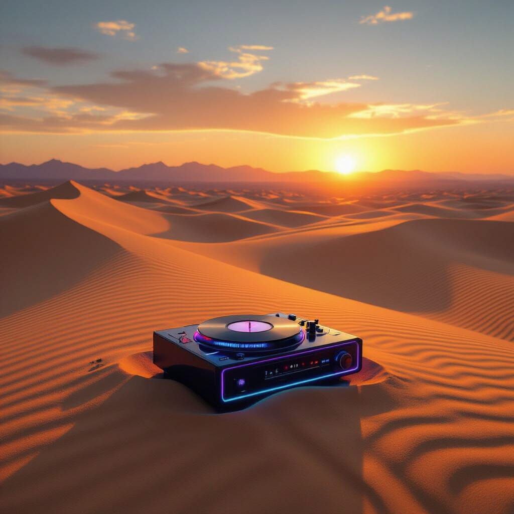 Golden Desert Sunset with Futuristic Audio Device Album Cove...