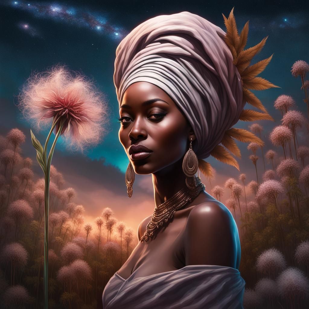 African Goddess with Prairie Smoke Flowers at Night