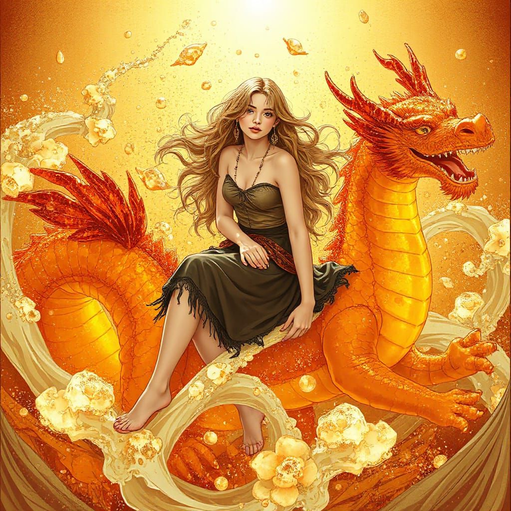 Woman on Gummy Dragon in Effervescent Soda Sea