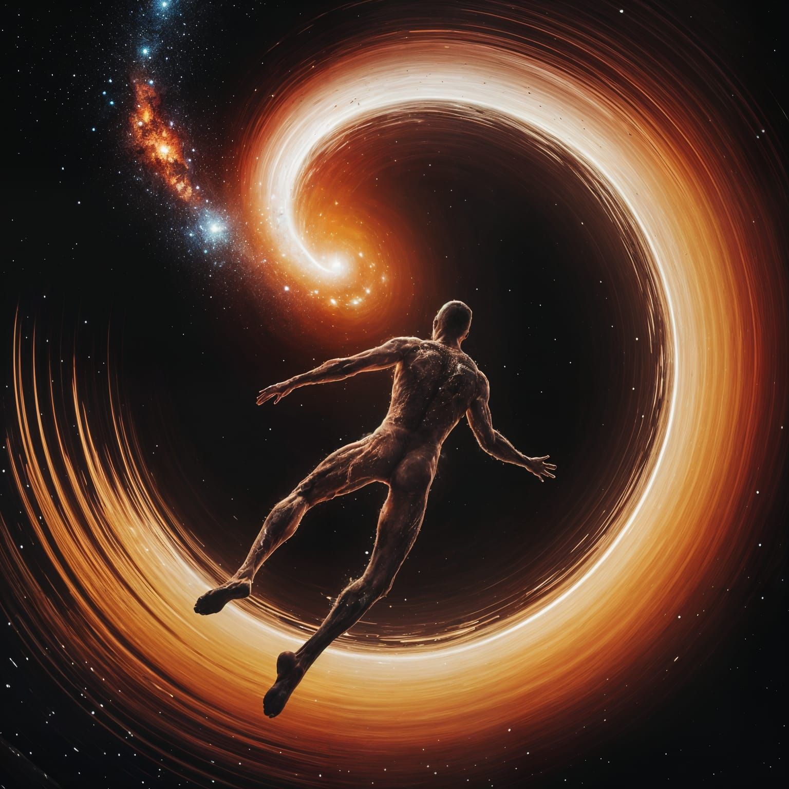 Tattered Man Silhouetted Against Cosmic Light as He Falls in...