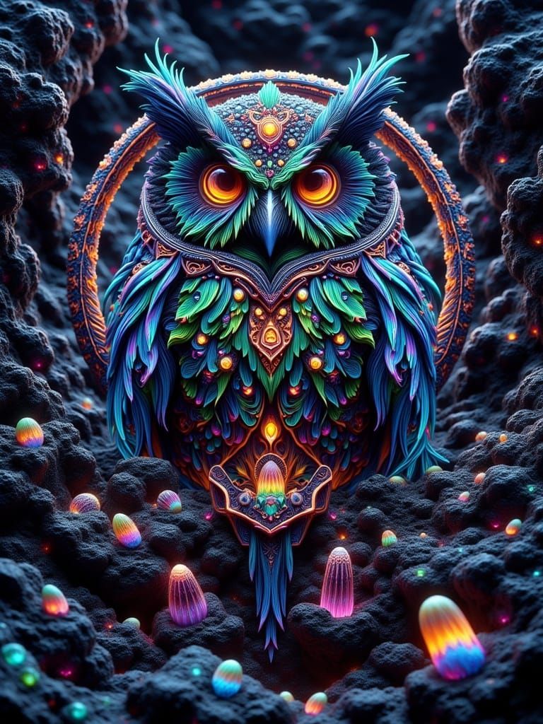 Owl on Dreamcatcher in Surreal Vector Style