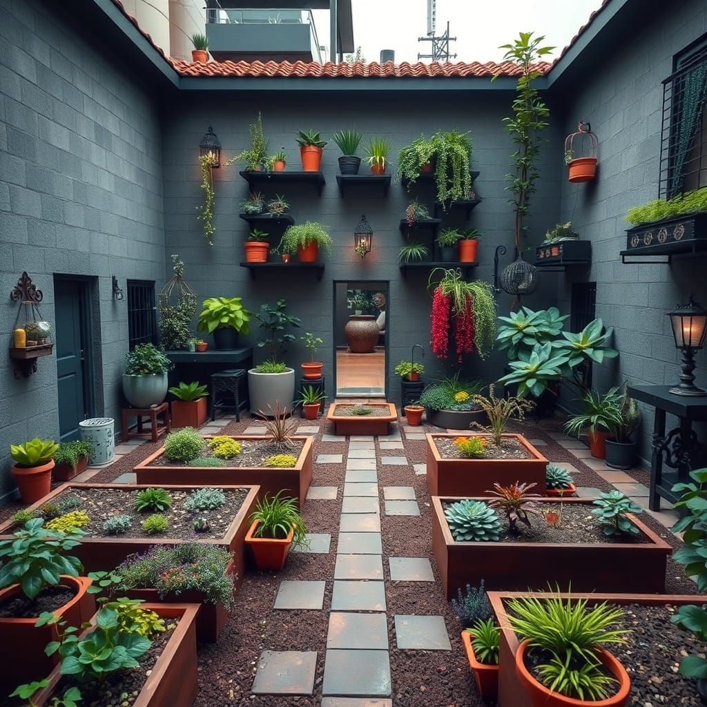 Courtyard Garden Designs with Symmetrical Shapes and Colors