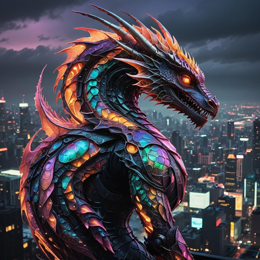 Dragon Tattoo in Cyberpunk Neon Cityscape