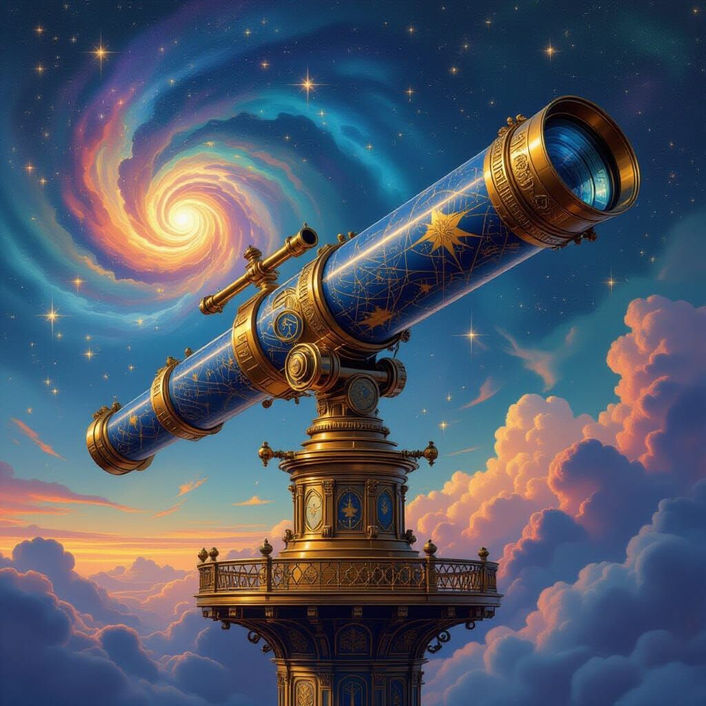 Ornate Telescope in Nebula, Art Nouveau Style