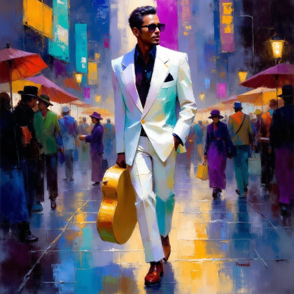 Sleek Johnny Struts into Cityscape with Confidence and Glow