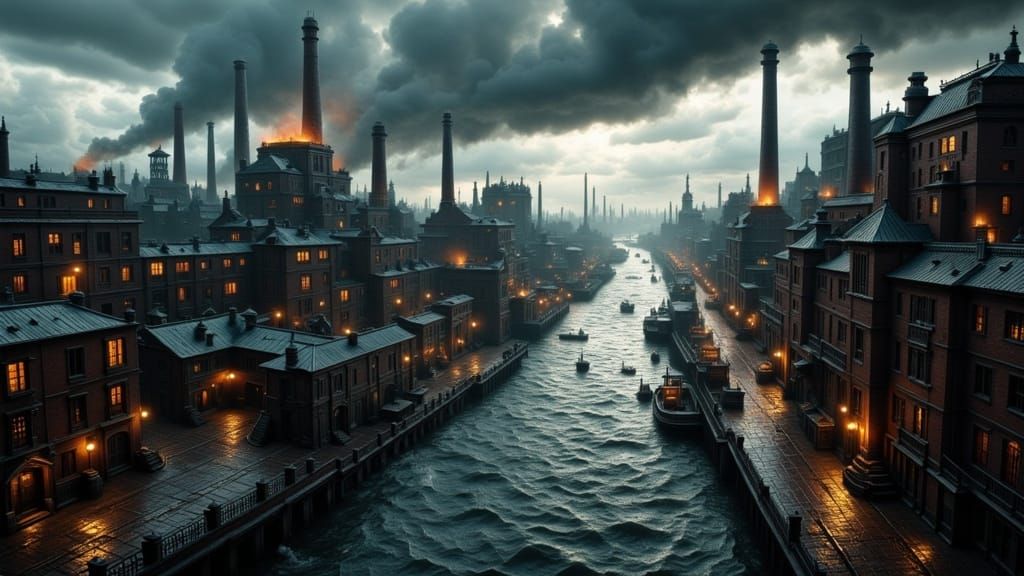 19th Century Harbor City Under Stormy Skies