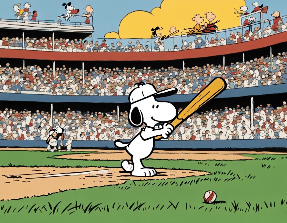 Snoopy and Charlie Brown Play Baseball in Schultz Style