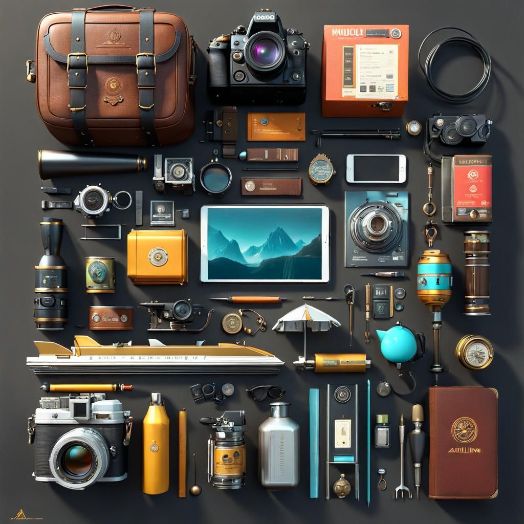 Knolling Tourist Flat Lay by Burdisio, Wood & Bana