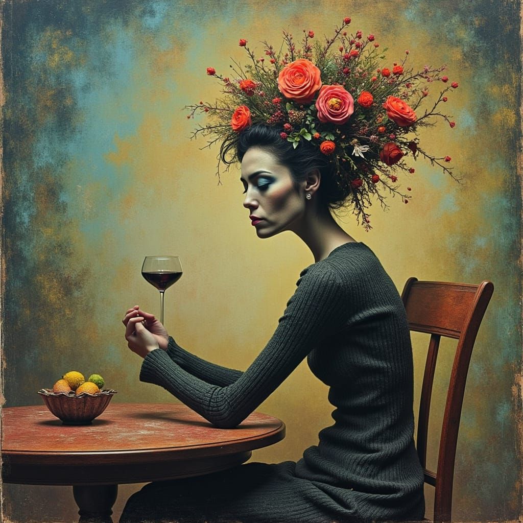 <lora:Aine Face:1.0> sad woman sitting at the table after the break-up, hips-up portrait in art brut style by Andy Kehoe...