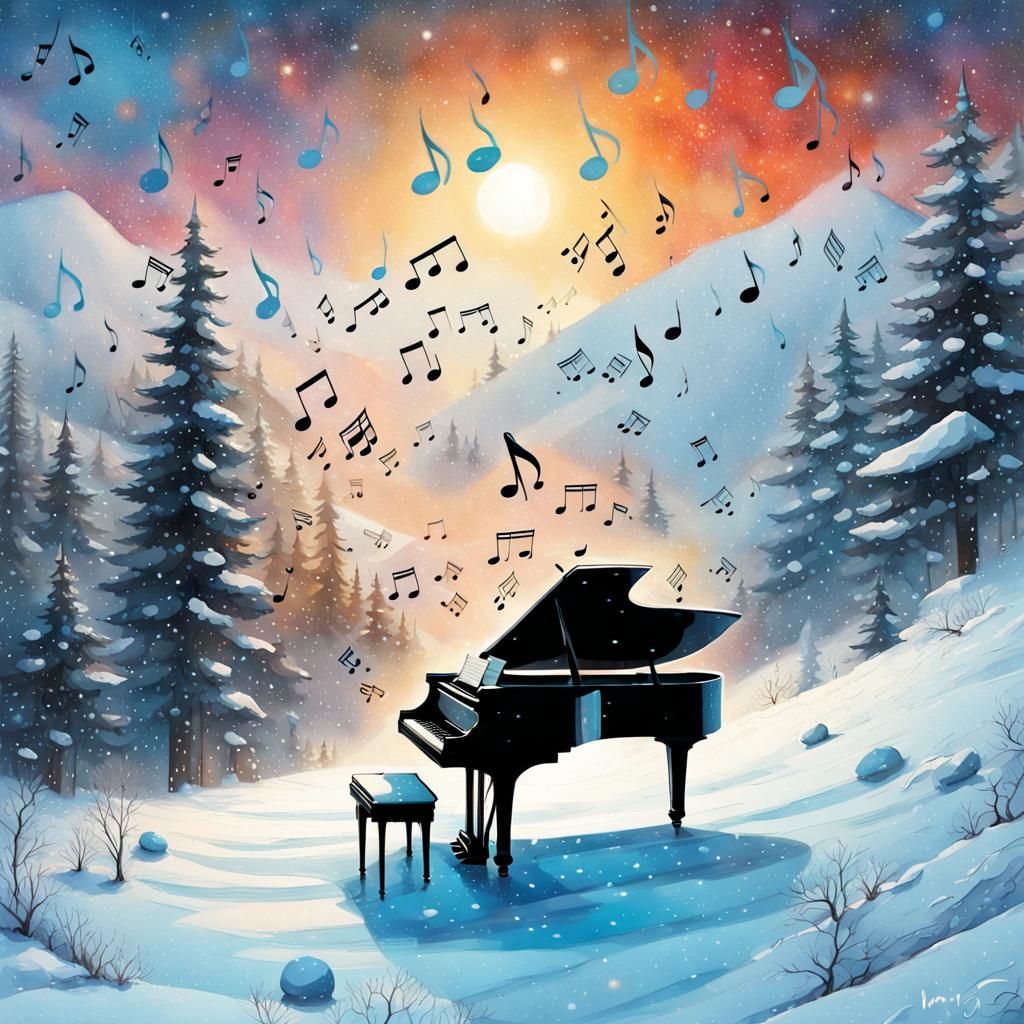 Boy's Snowy Piano Dream in Watercolor Style