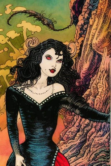 Female Vampire Portrait in Ink and Watercolor