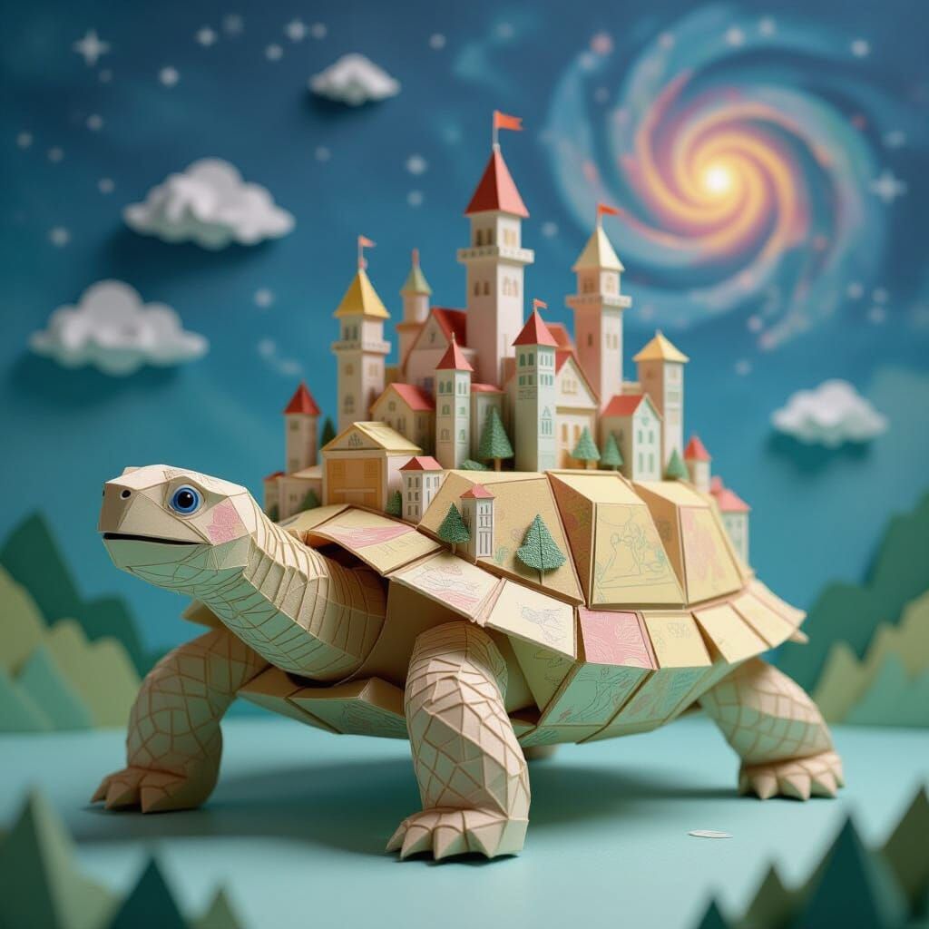 Whimsical Papercraft City on a Giant Tortoise Under Nebula S...