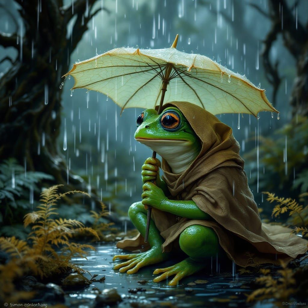 Melancholic Frog in Rainy Forest, Fantasy Art