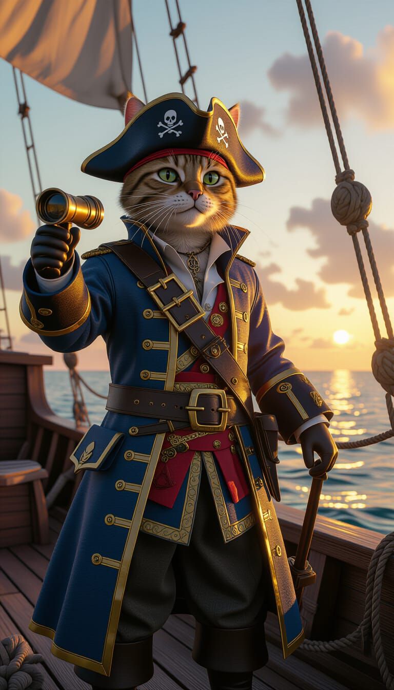 Pirate Cat Portrait on Deck at Sunset