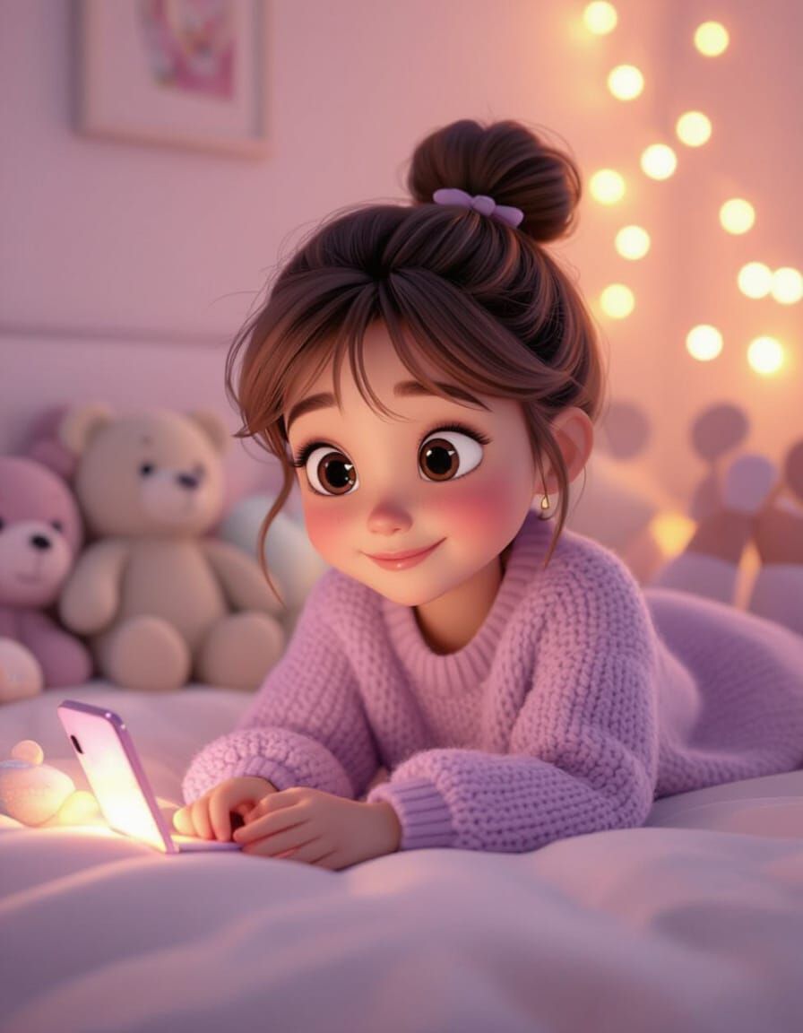 3D Stylized Girl Relaxing with Plush Toys and Fairy Lights