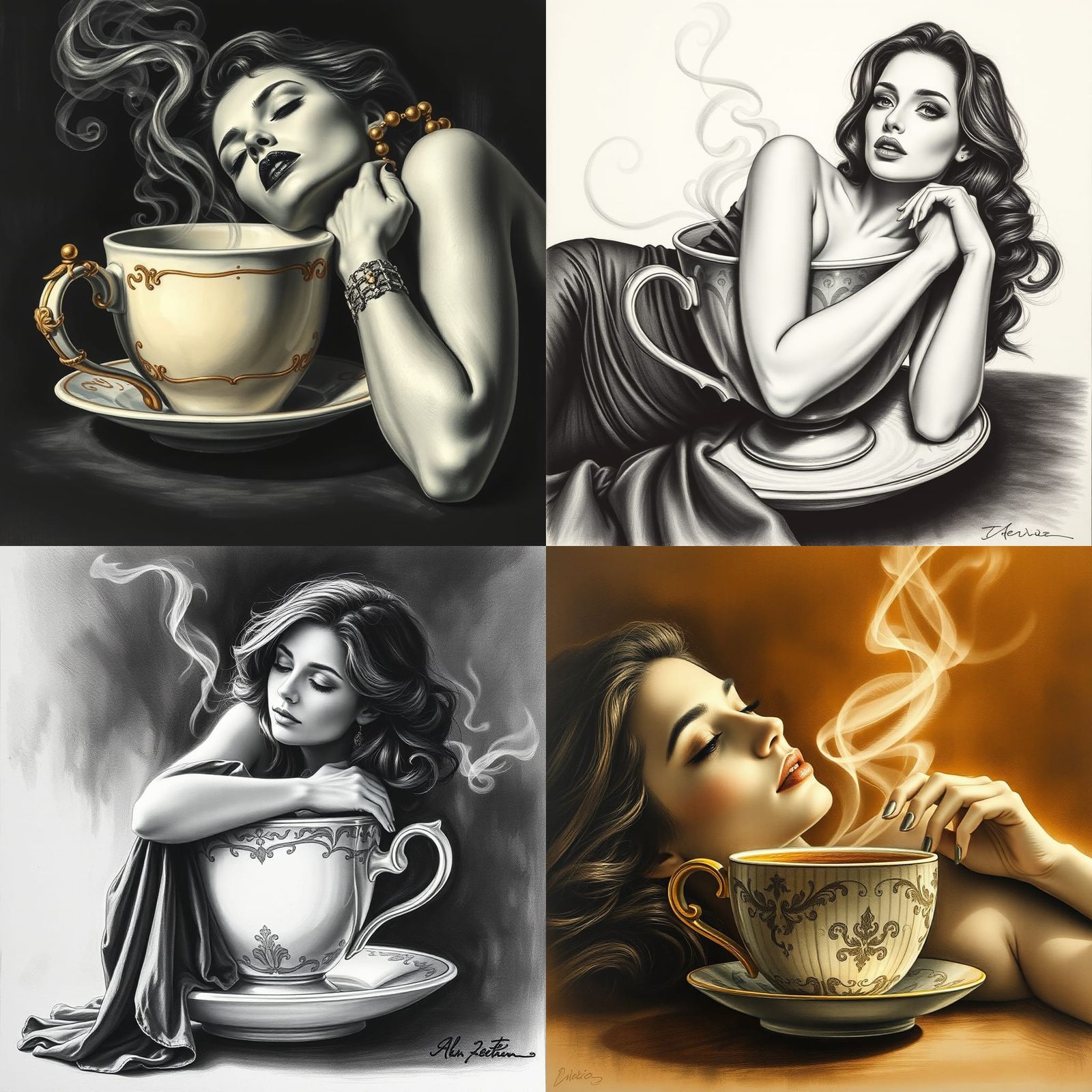 Vogue-Style Charcoal Drawing: Woman on Coffee Cup