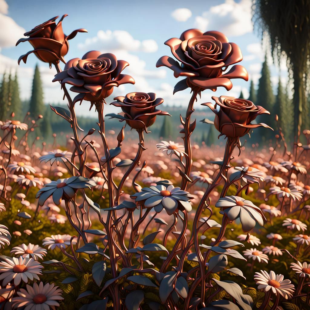 create ornate metal rose bushes in a field of mechanical daisies, detailed matte painting, deep color, fantastical, int...