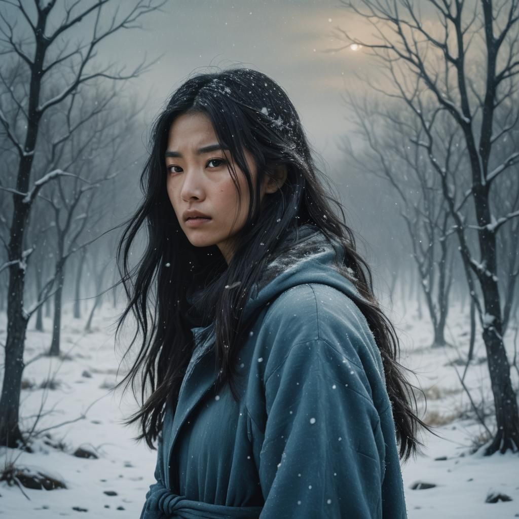 Mysterious Woman in Winter Landscape, Surreal Portrait