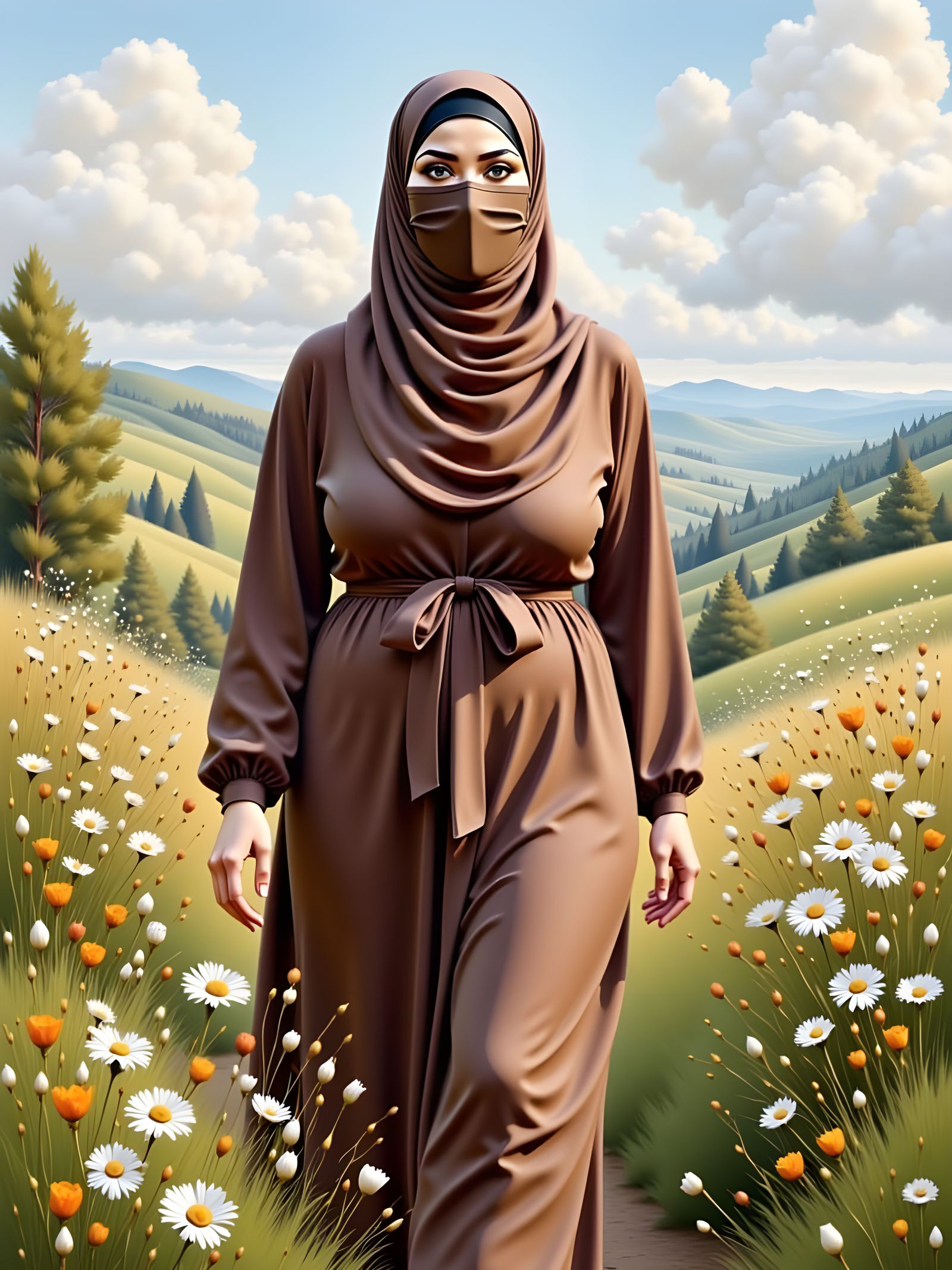 Hijabi Woman in Meadow: Geometric Surrealism