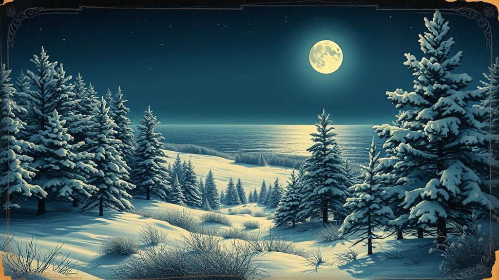 Winter Wonderland under Starry Skies in Vintage Poster Style