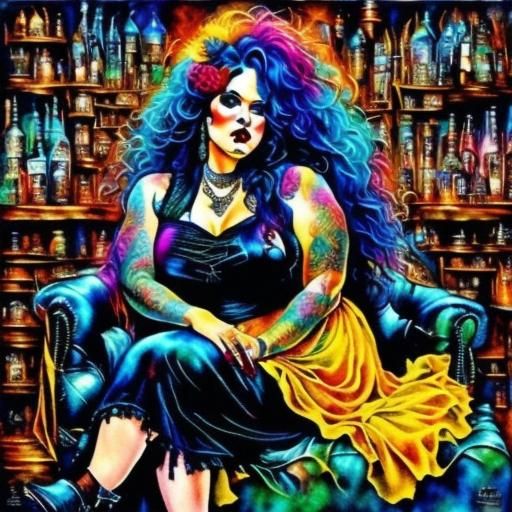 Goth Woman in Biker Bar with Alcohol Ink Effects