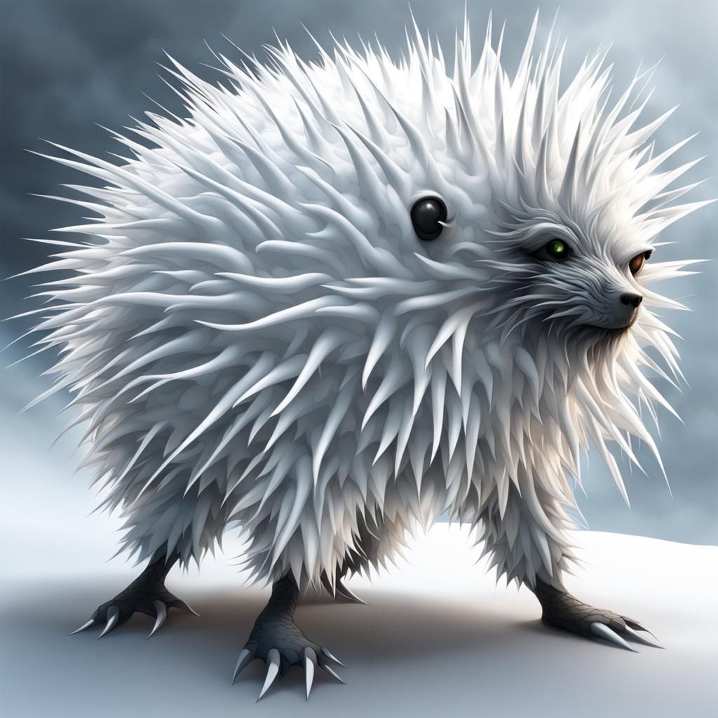 Icy White Porcupine Creature with Claws and Tail