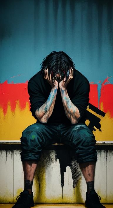 Desperation, head in hands, poster art, spray painting, deep brushstrokes