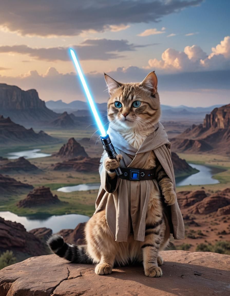 Jedi Cat with Lightsaber in Scenic Landscape