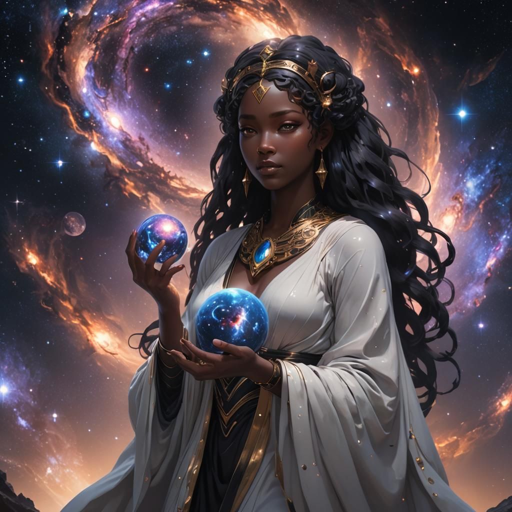 Black Goddess Holding Galaxy in Anime Art Style