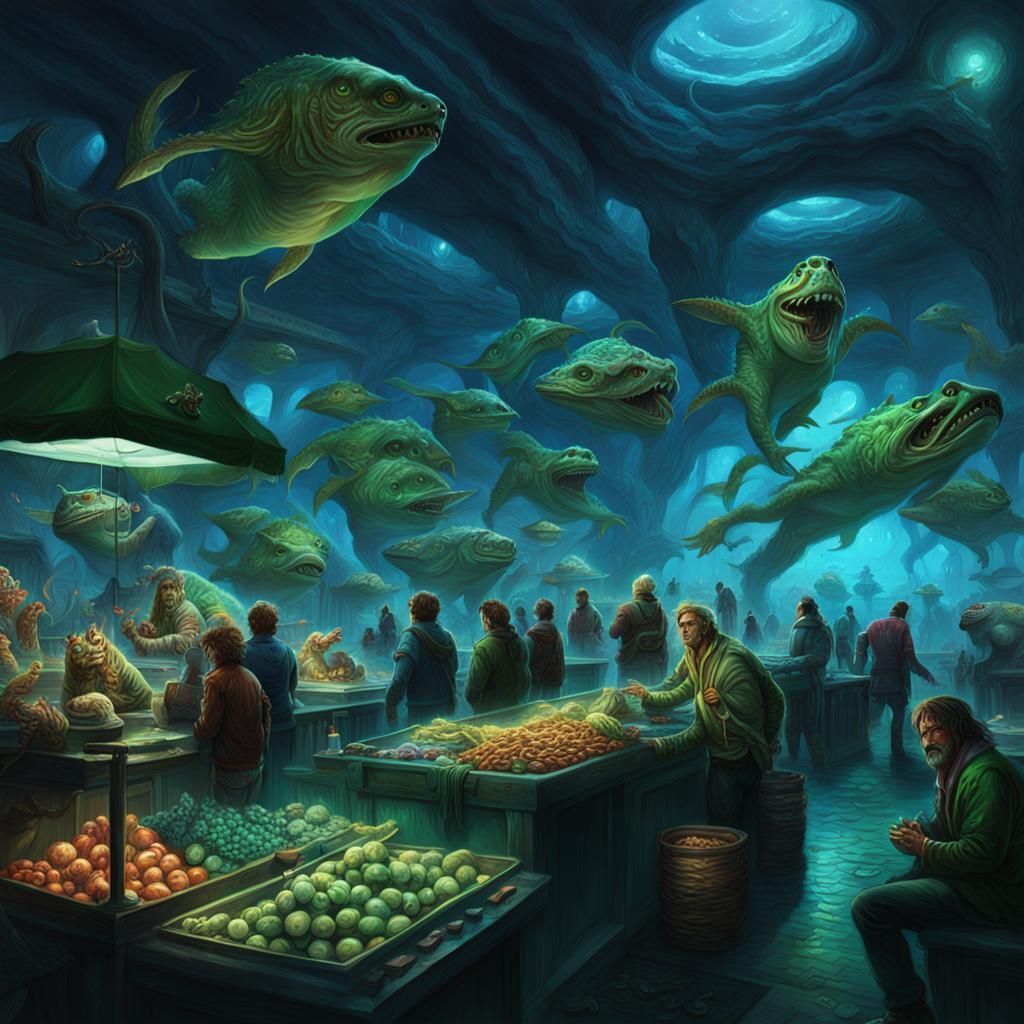 Triton Market with Alien Creatures in Hyperrealistic Style