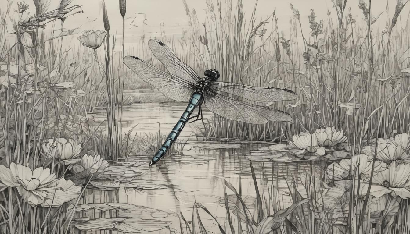 Dragonfly Marsh: A Delicate Line Art Illustration