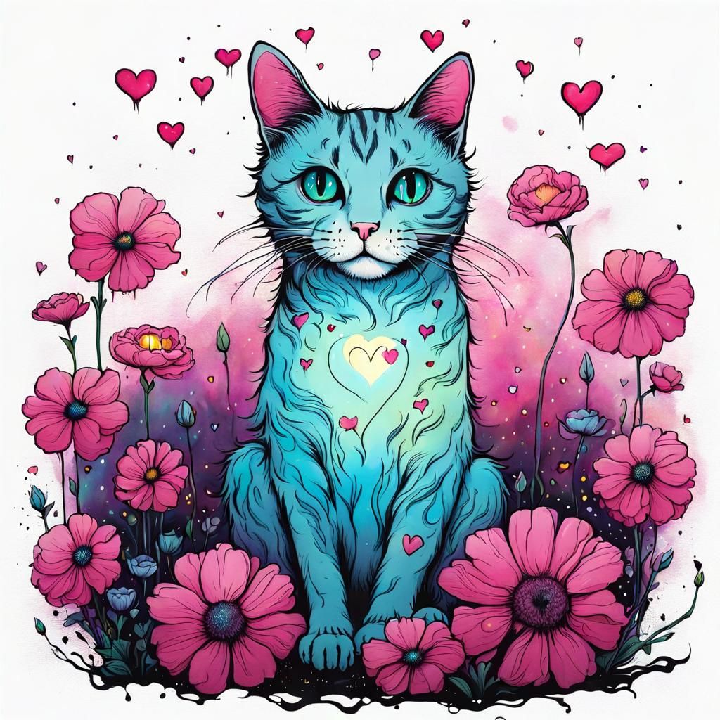 Cute Cat Surrounded by Flowers in Grotesque Surrealism