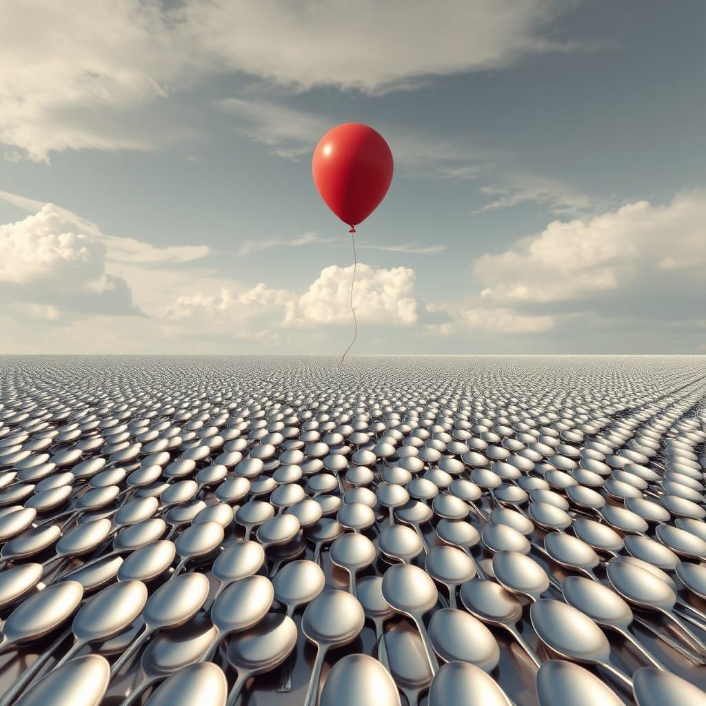 Enchanted Metallic Landscape with Drifting Red Balloon