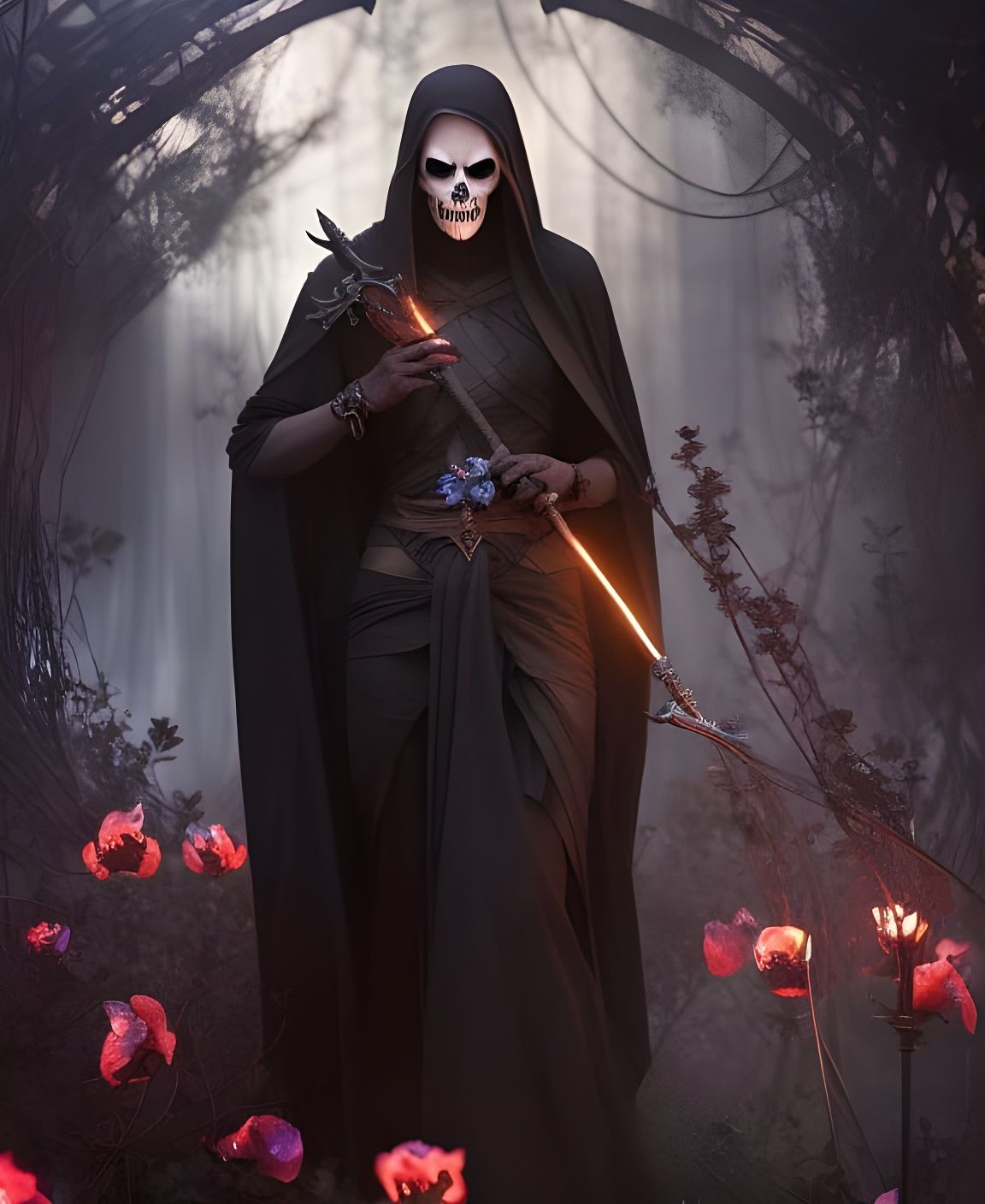 Mysterious Grim Reaper in a Glowing Night Garden