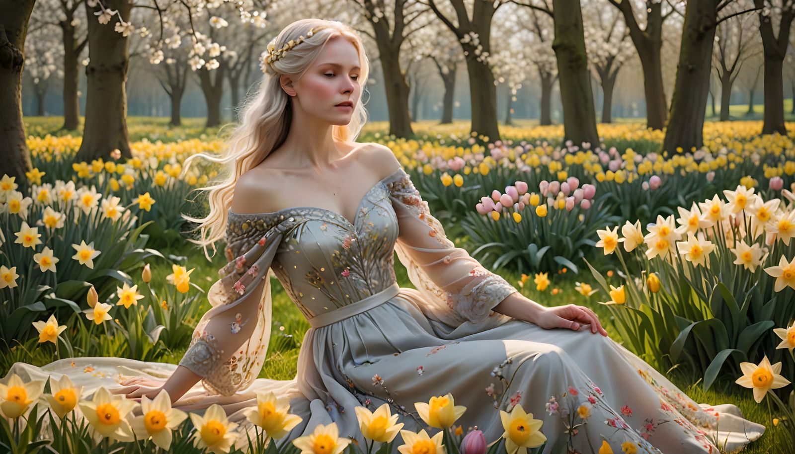 Nordic Muse Embodies Spring Serenity in a Golden Meadow